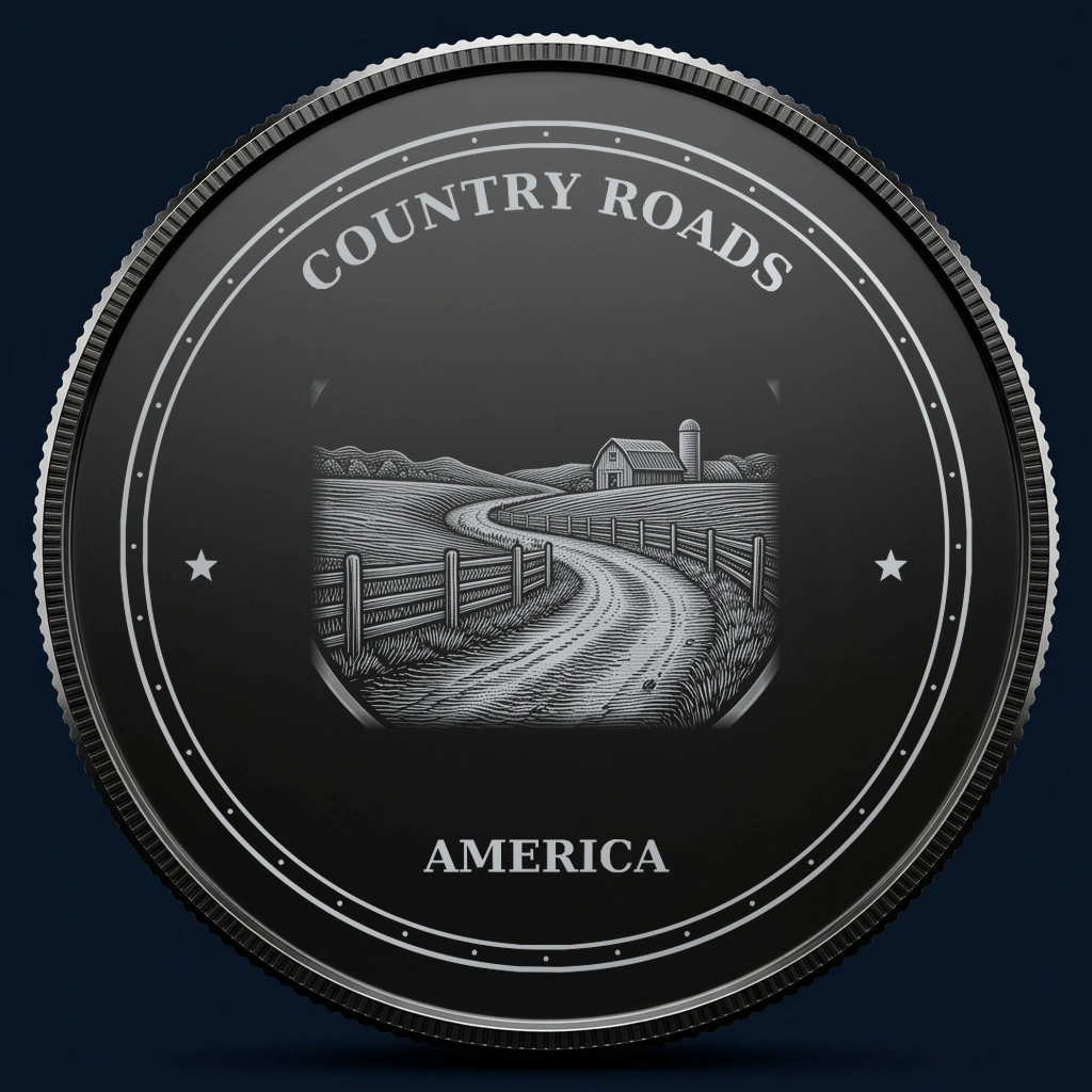 Country Roads — front, black-and-silver design mockup
