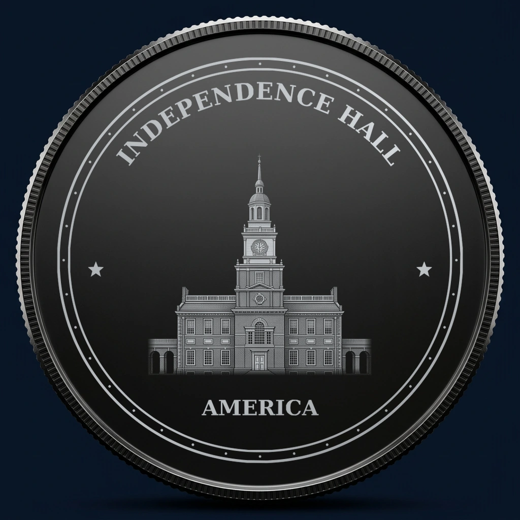 Independence Hall — front, black-and-silver design mockup