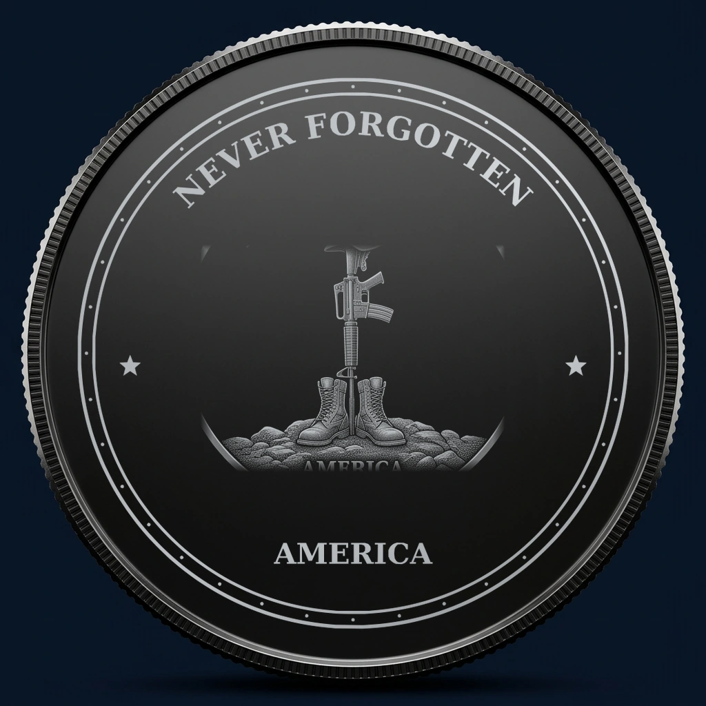 Never Forgotten — front, black-and-silver design mockup