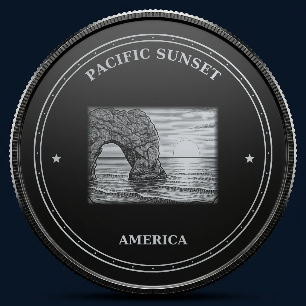 Pacific Sunset — front, black-and-silver design mockup
