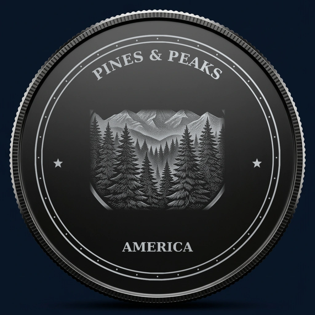 Pines & Peaks — front, black-and-silver design mockup