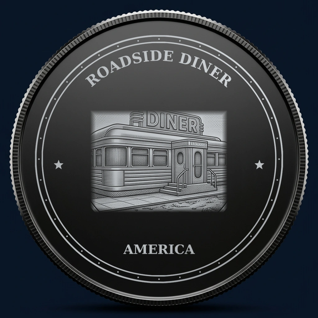 Roadside Diner — front, black-and-silver design mockup