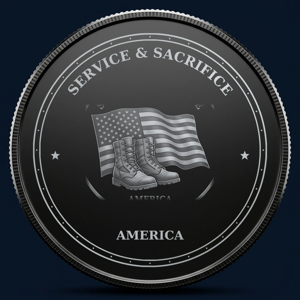 Service & Sacrifice — front, black-and-silver design mockup