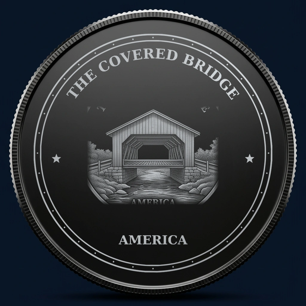The Covered Bridge — front, black-and-silver design mockup