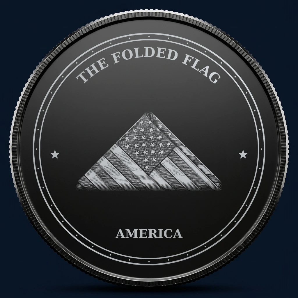 The Folded Flag — front, black-and-silver design mockup