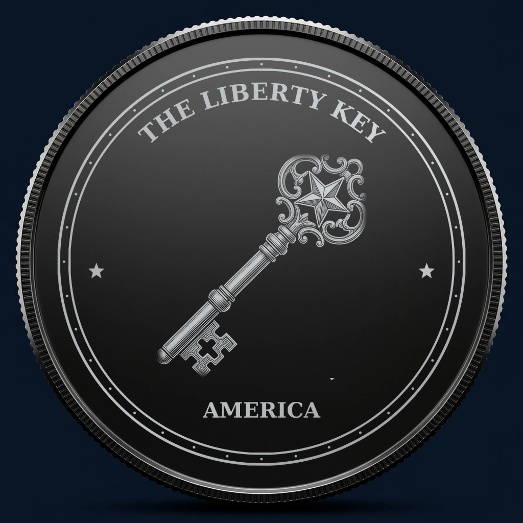 The Liberty Key — front, black-and-silver design mockup
