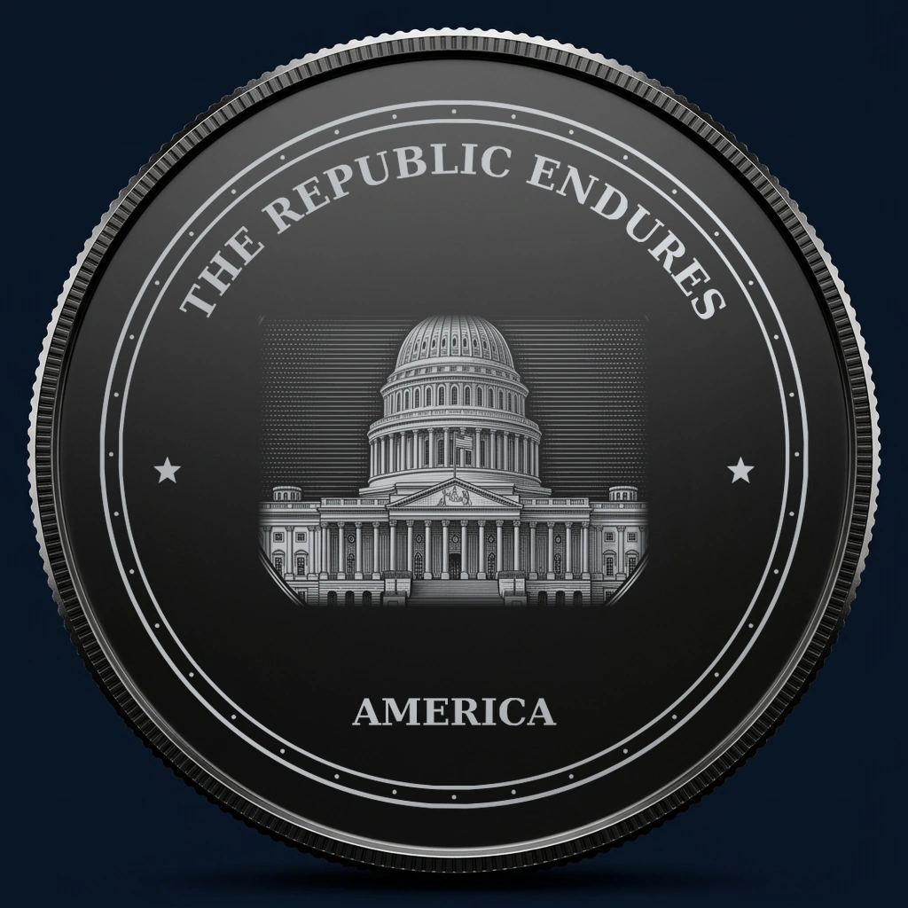 The Republic Endures — front, black-and-silver design mockup