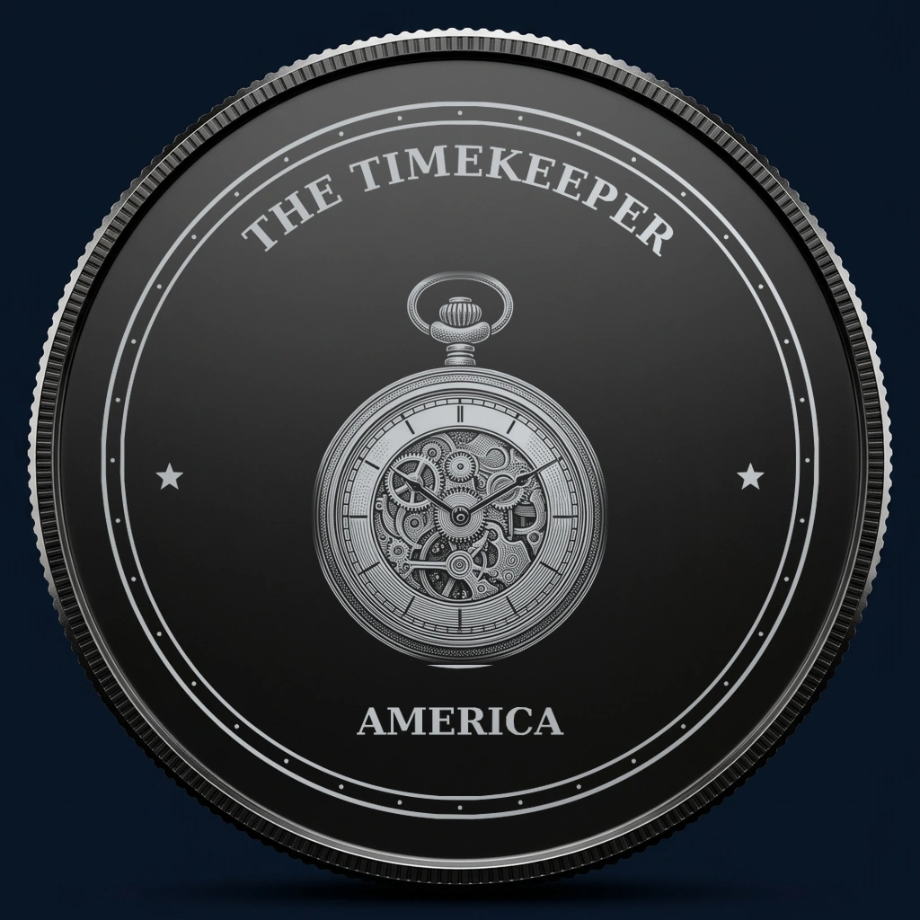 The Timekeeper — front, black-and-silver design mockup