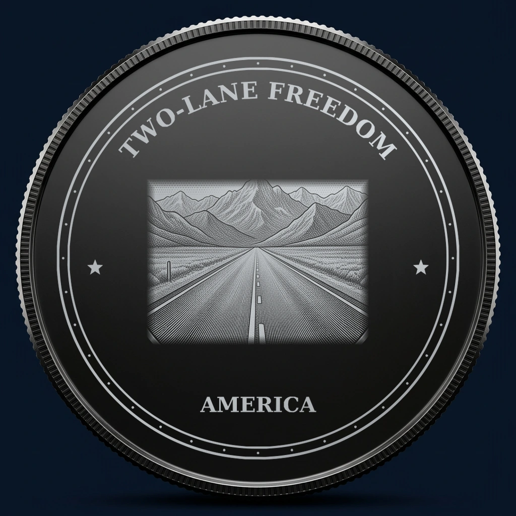 Two-Lane Freedom — front, black-and-silver design mockup